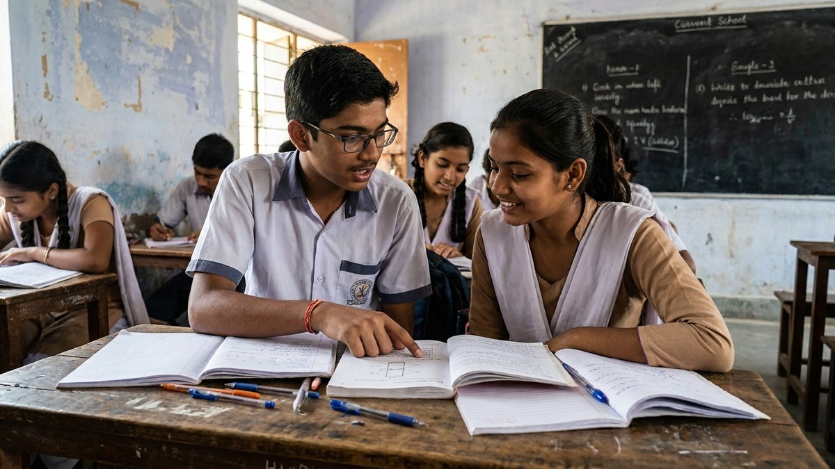 A young student explaining concepts to another student at a desk in an Indian school setting