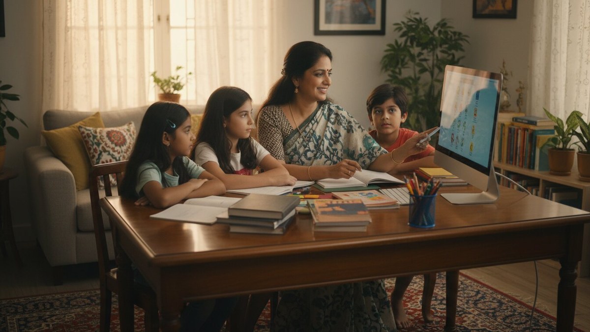 Indian woman teacher leading a small home-based class with students and desktop computer