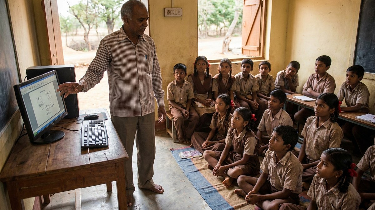 Indian rural educator teaching with a computer setup