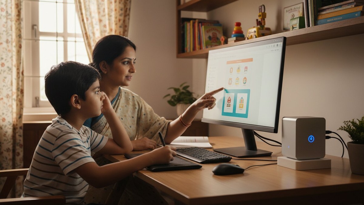 Indian mother helping child learn at home study setup with Mini PC