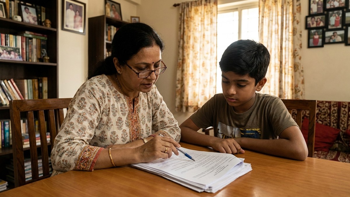 Indian educator reviewing study material with student in home tuition