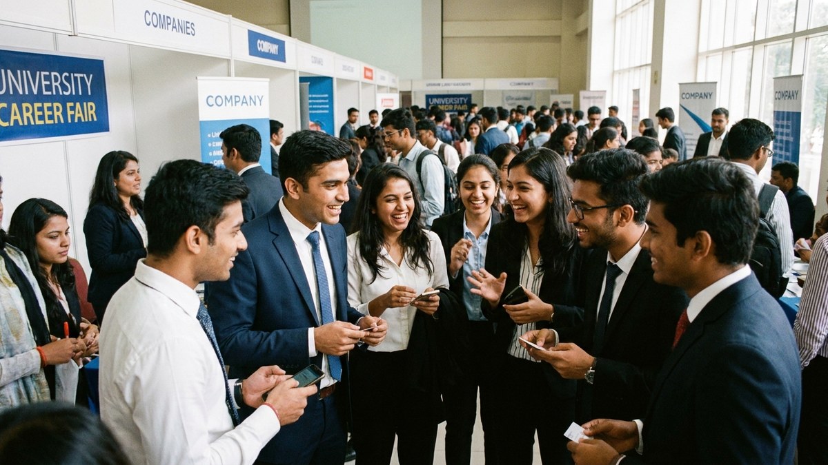 Indian students networking at a career fair while building their personal brand LinkedIn students India