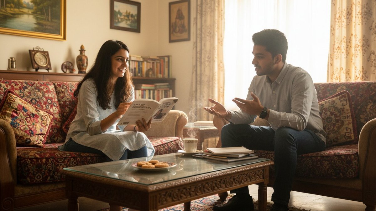 two Indian students doing spoken english practice conversation at home