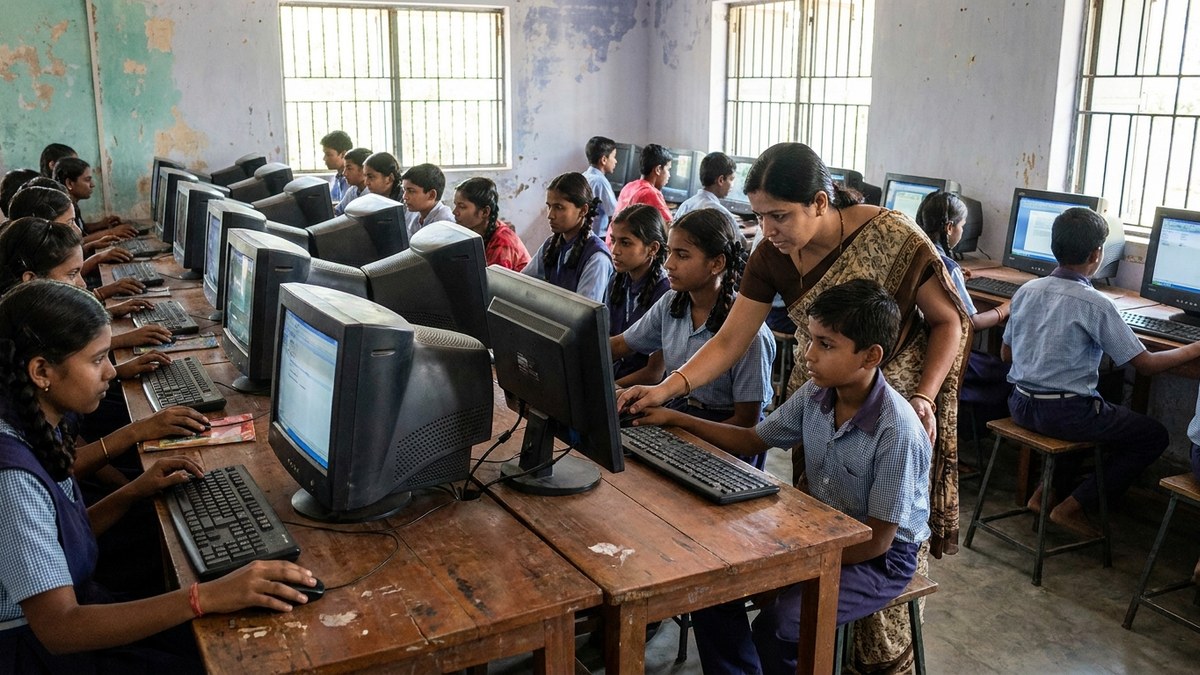 Indian students learning computer courses after 10th at community learning centre