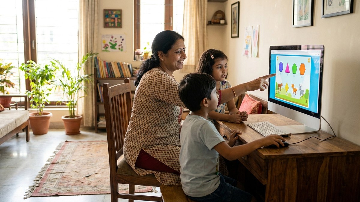Trained educator facilitating digital learning for unschooling in India