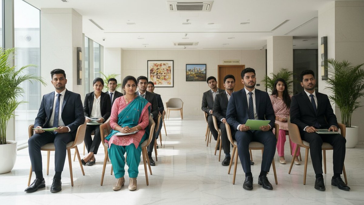 young Indian job candidates in formal clothes waiting on chairs in an office lobby before interviews, job interview mistakes freshers