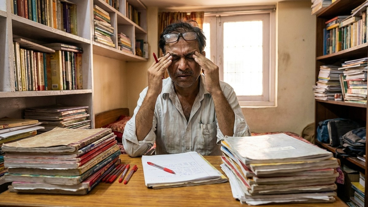 Home tutor stress and tuition teacher burnout while marking stacks of notebooks in a small study room