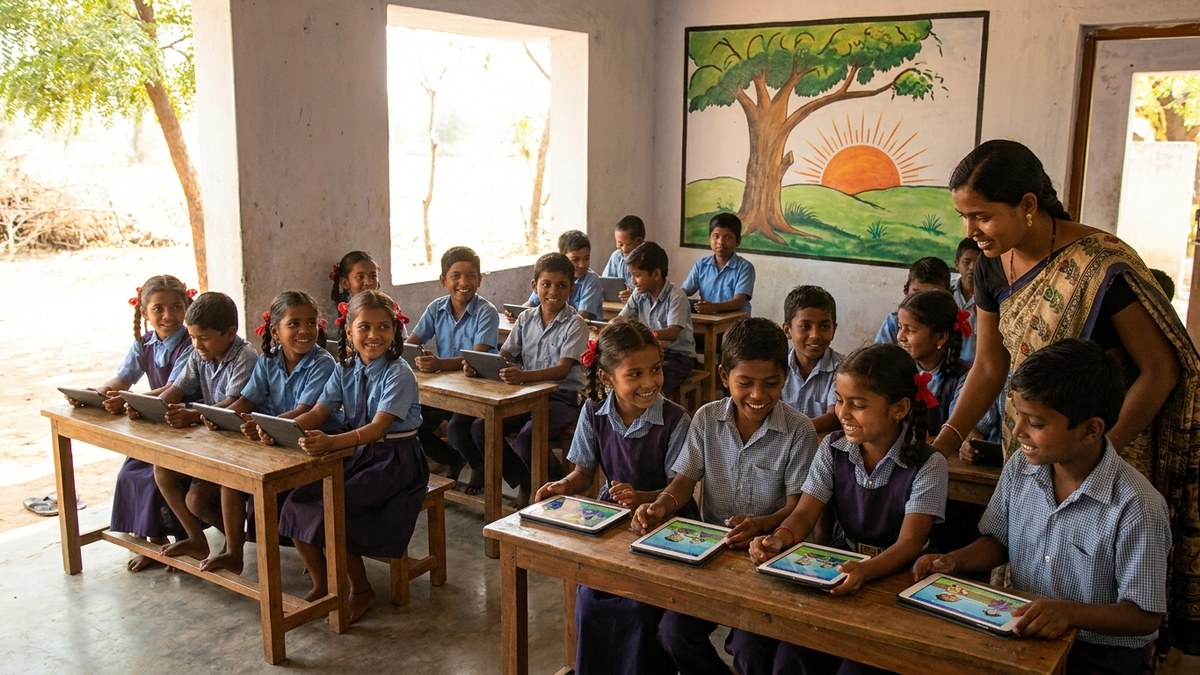 Rural Indian children learning on tablets provided by government education scheme