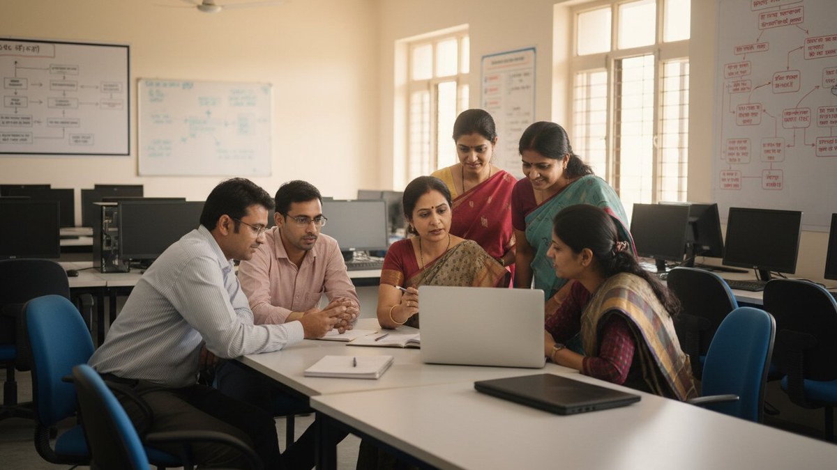 Indian teachers learning digital tools in a training workshop