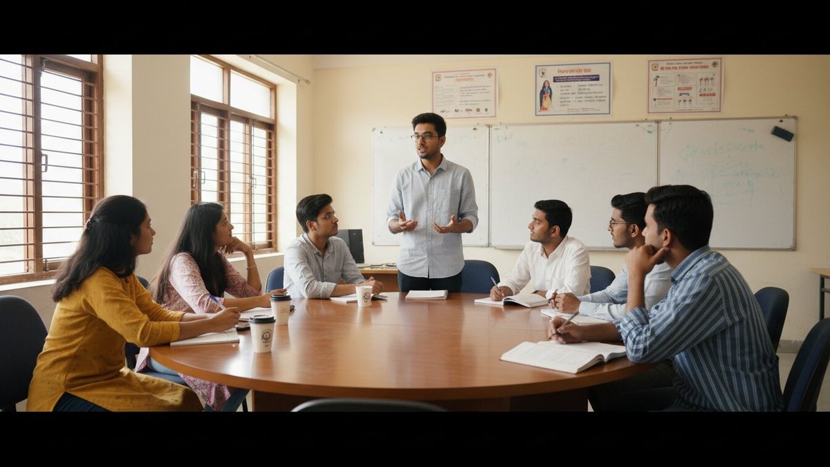 communication skills job interviews students practising group discussion in a college classroom