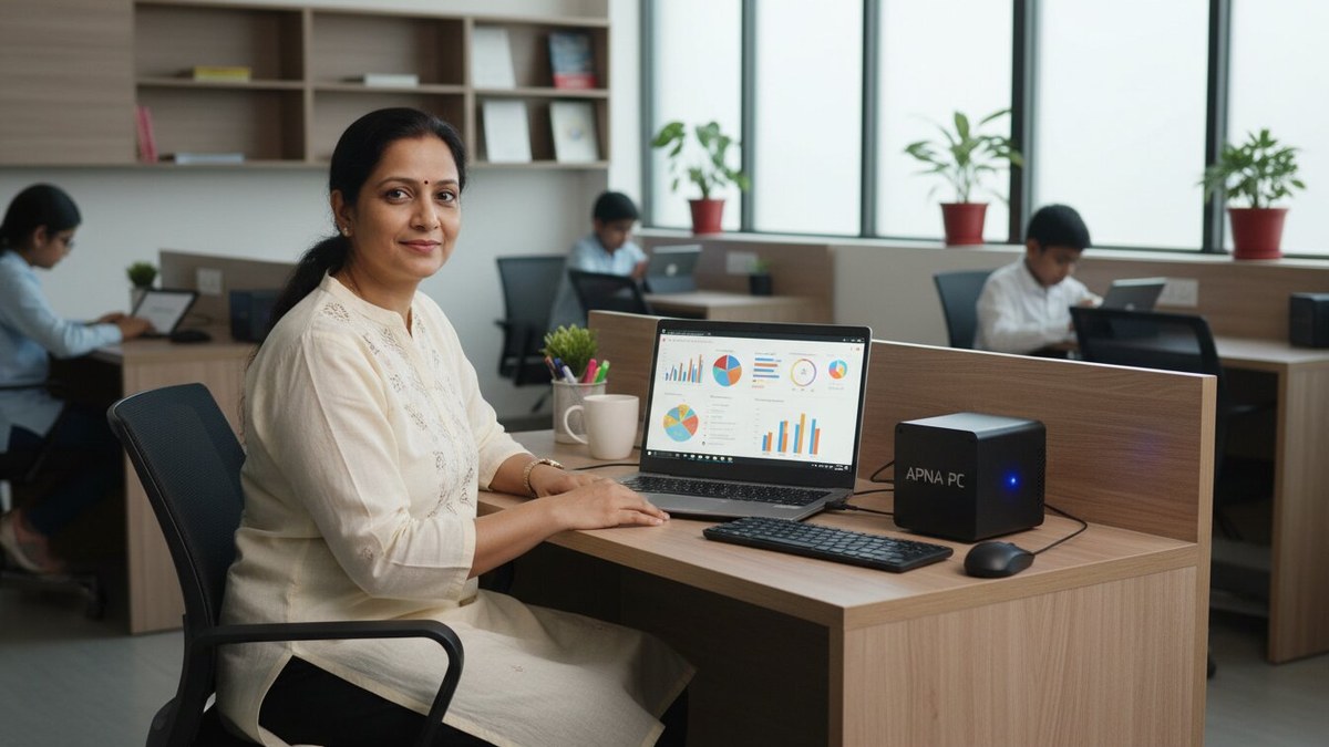 Indian teacher using a laptop at a desk in a POD learning centre with assessment data on screen