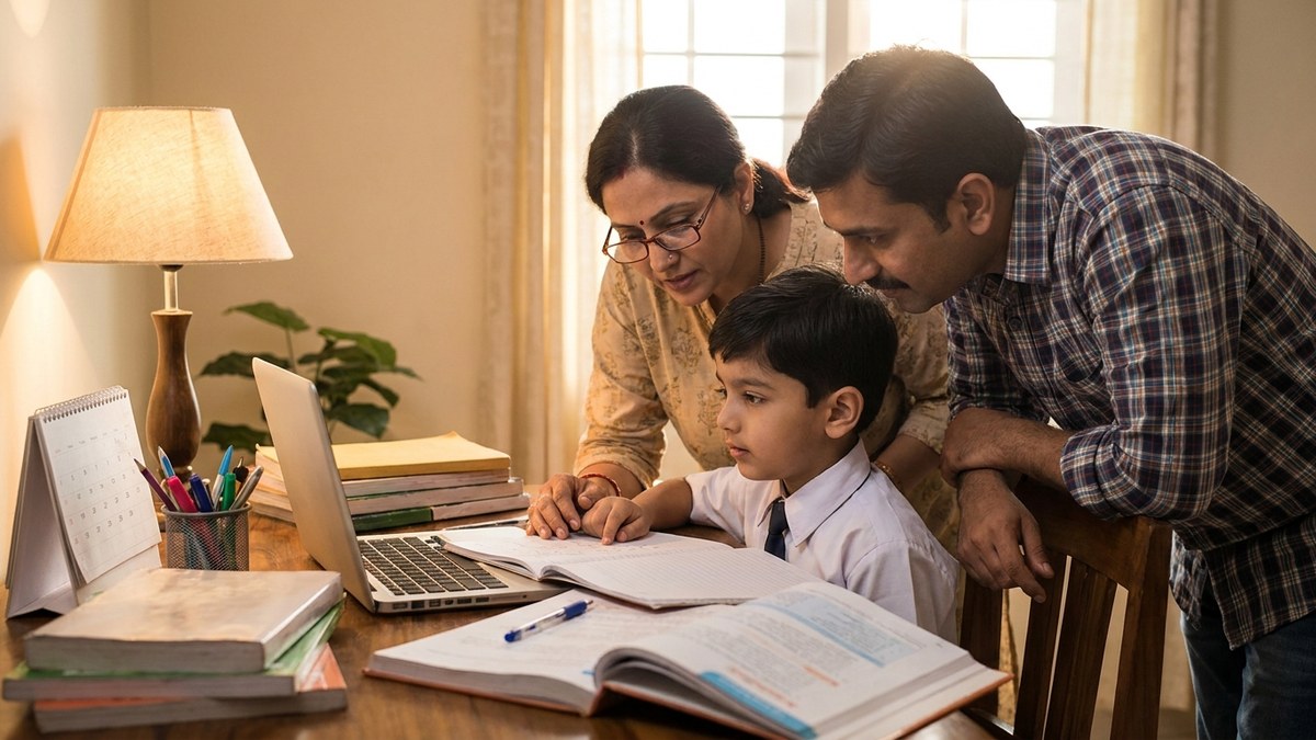 Parent helping child plan study schedule