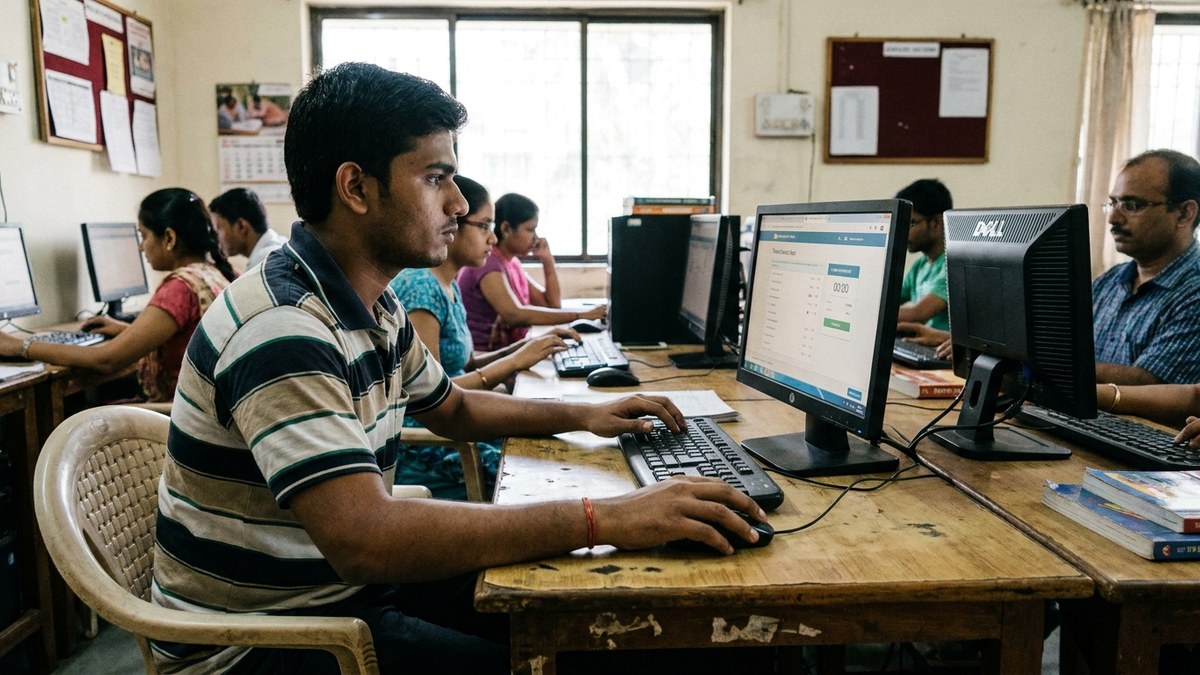Indian student taking online computer test practice at a community learning centre