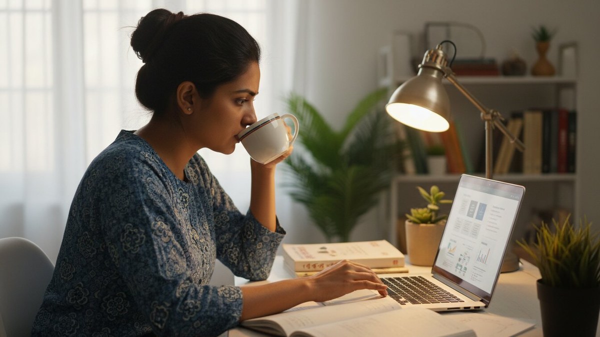 Indian woman using a laptop at home to complete an online certification course, focused on learning