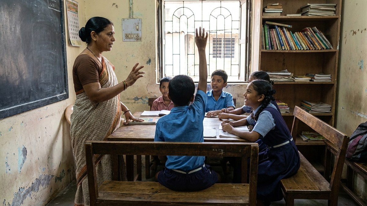 Tuition teacher using active recall questions with students in a community learning pod