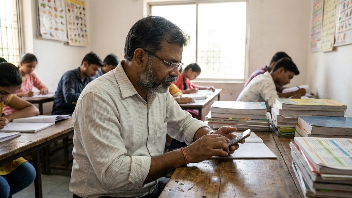 Coaching institute owner sending WhatsApp messages to students, Indian community learning context