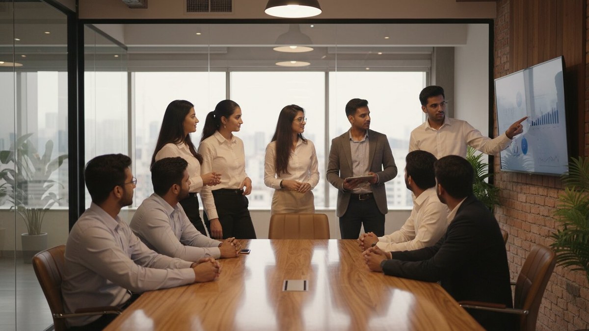 Indian young professionals in workplace training, modern office setting