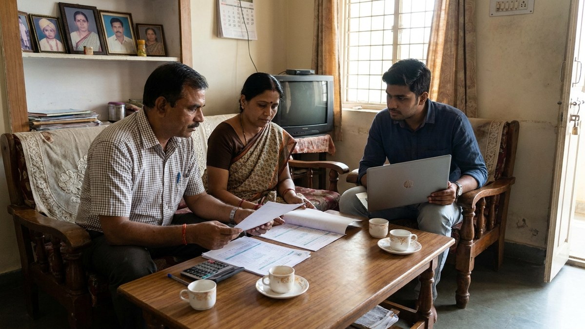 Indian parents and student discussing education financing at home