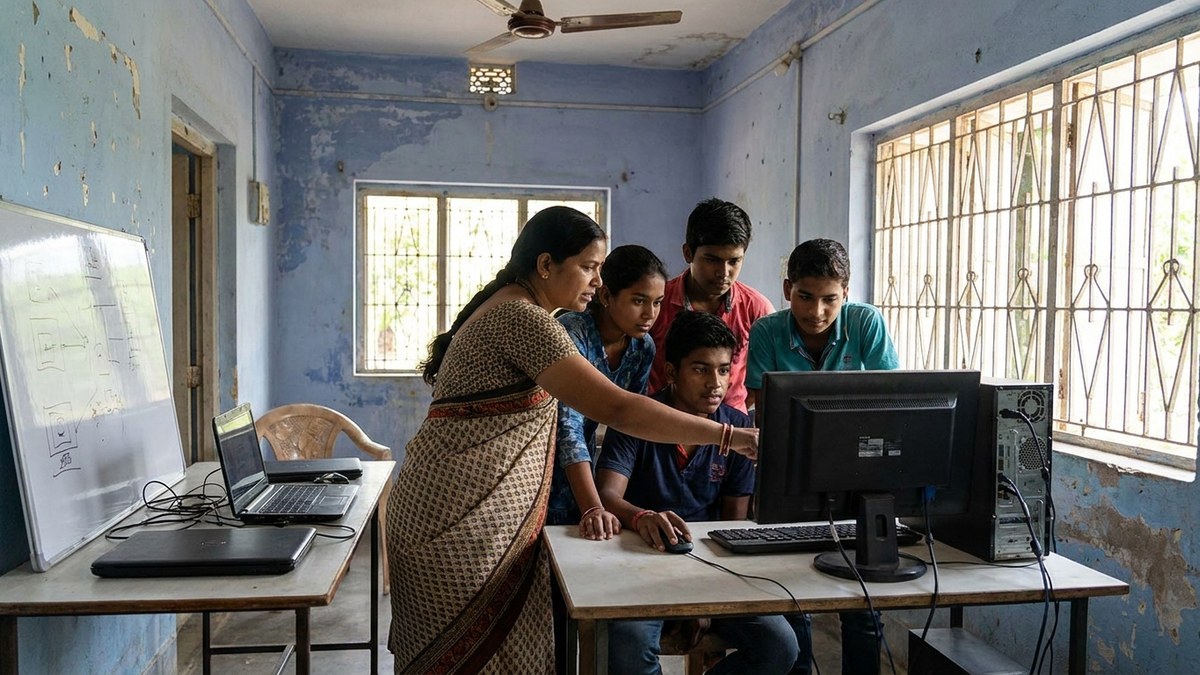 Indian tutor teaching teenagers computer skills at a community learning centre building employability skills