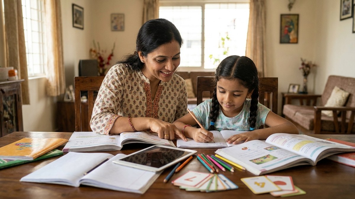 Indian mother helping child with homeschool studies at dining table
