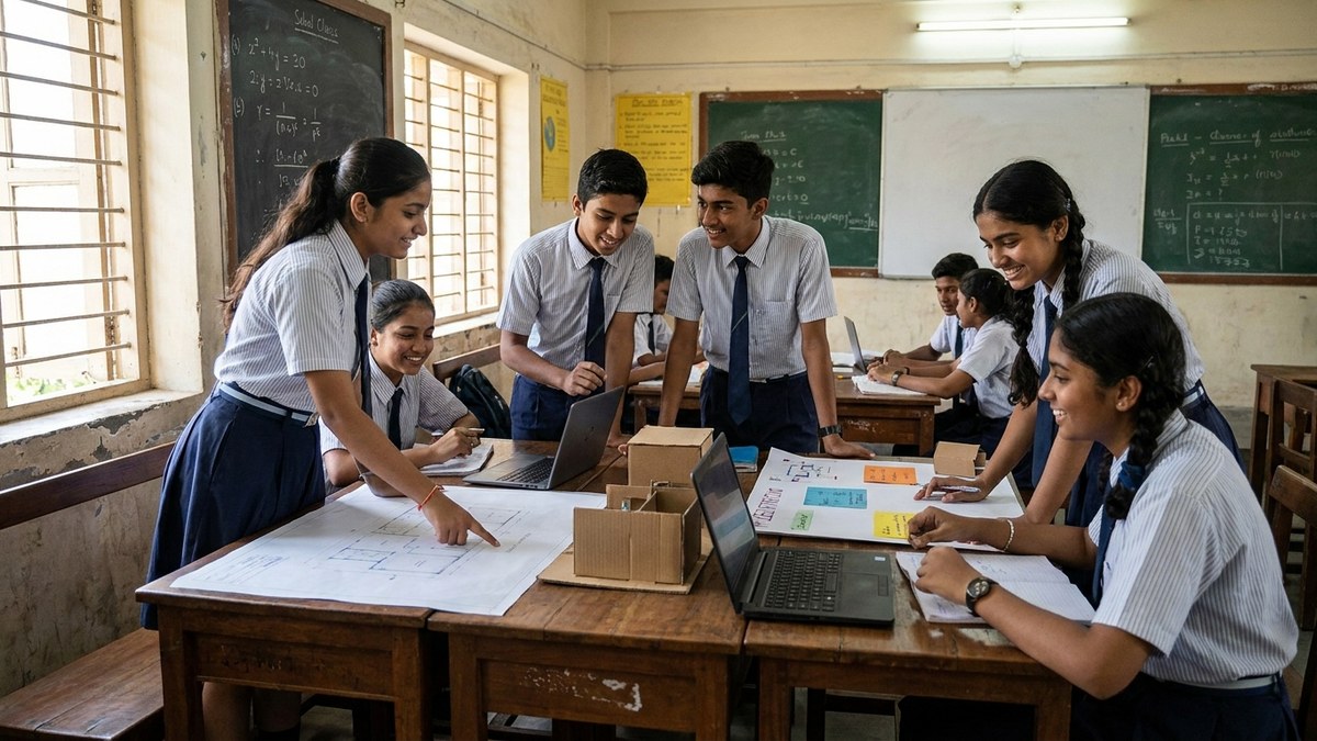 Indian class 9 students collaborating on a project to build employability skills