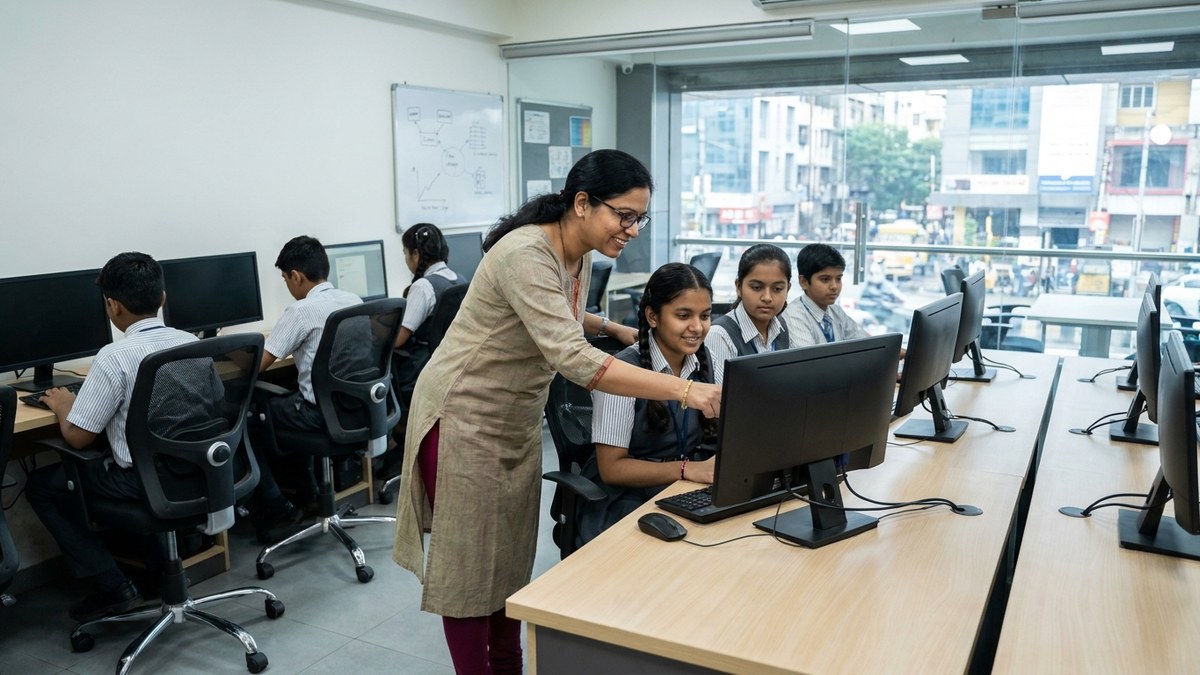 Indian educator guiding students building soft skills for jobs India in a digital learning lab