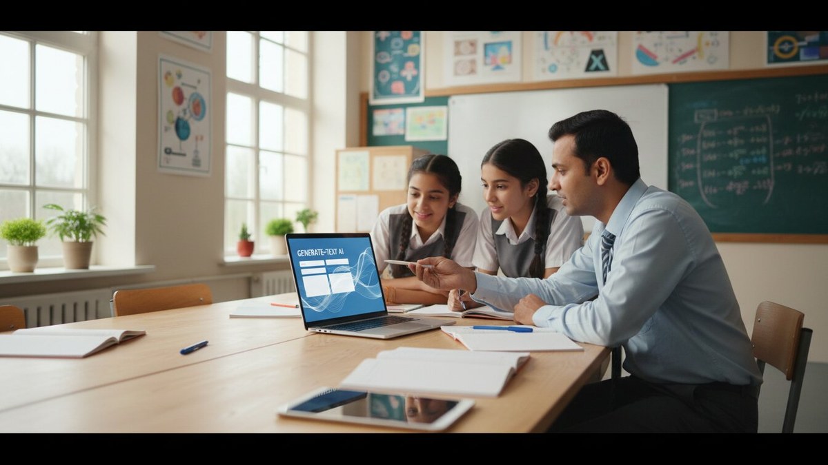 AI education tools for teachers: Indian teacher showing an AI writing tool to students