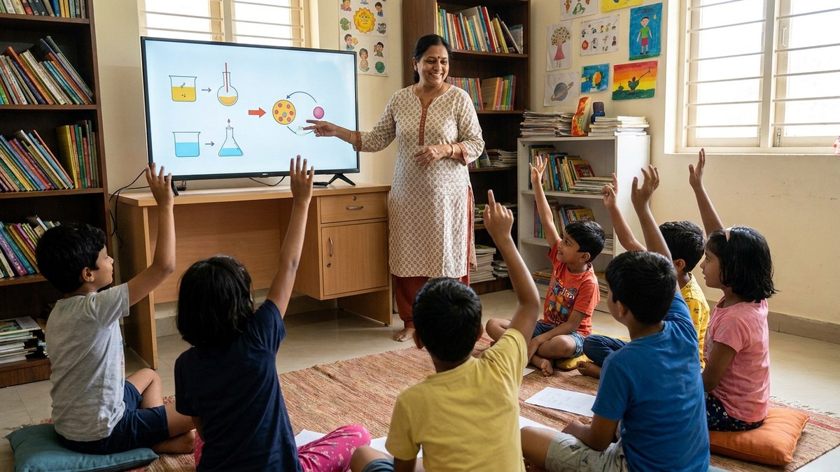 Modern learning centre with computer setup and engaged students