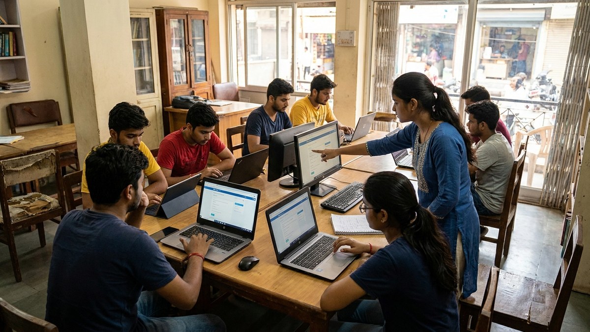 Young Indian students learning online together, a free digital skills course for students in action
