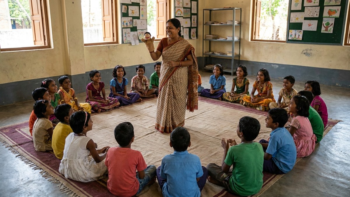 student engagement activities Indian classrooms teacher leading interactive storytelling activity with students in circle