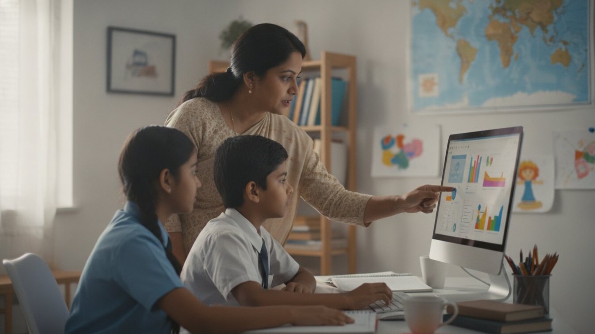 Indian tuition teacher guiding two school students at a computer during typing practice