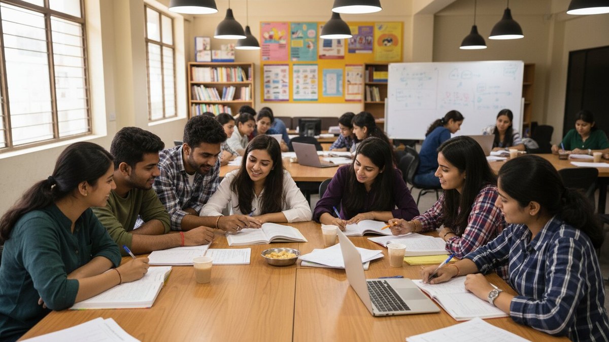 Group study session with students collaborating and helping each other in an Indian community learning context