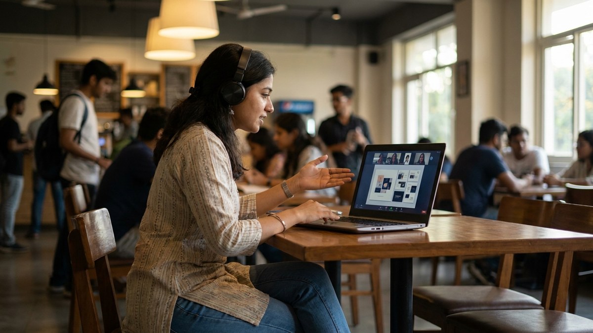 College student in India presenting freelance work on laptop during video call with warm lighting