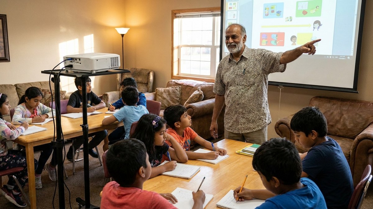 Senior citizen educator conducting digital learning session with young students in a community centre