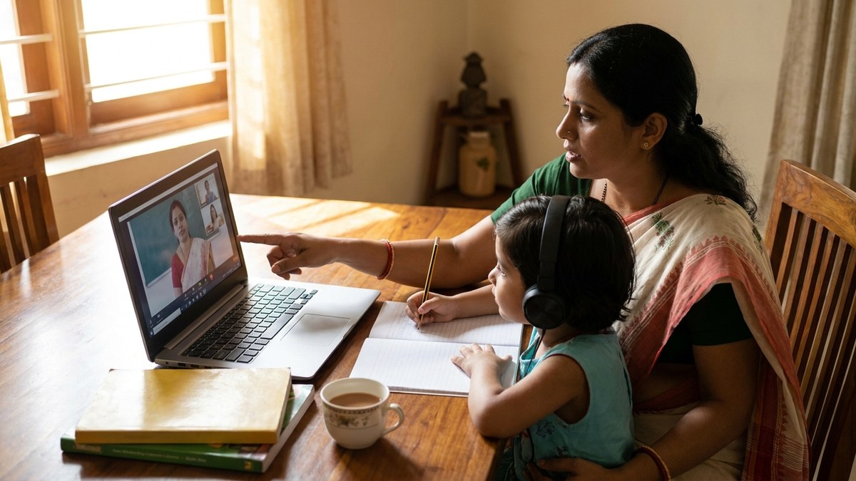 Indian mother helping child with online classes at home, managing home schooling in india fees on laptop
