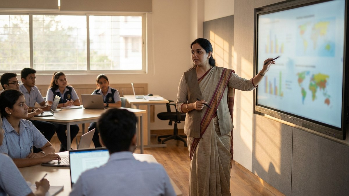 Educator teaching with digital tools in an Indian school classroom