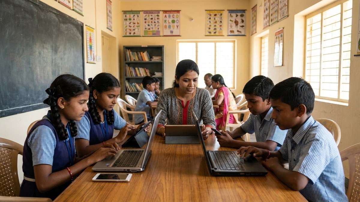 Community learning centre in India with educator and students using digital tools