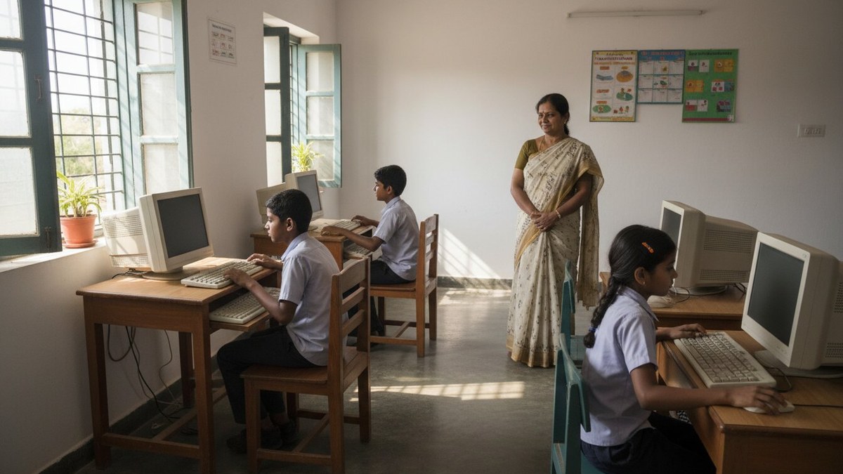 Community learning centre with students using desktop computers