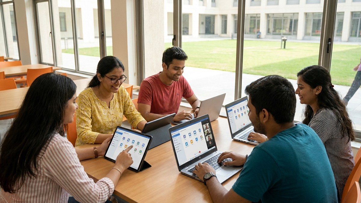 Indian students collaborating digitally in a modern learning environment
