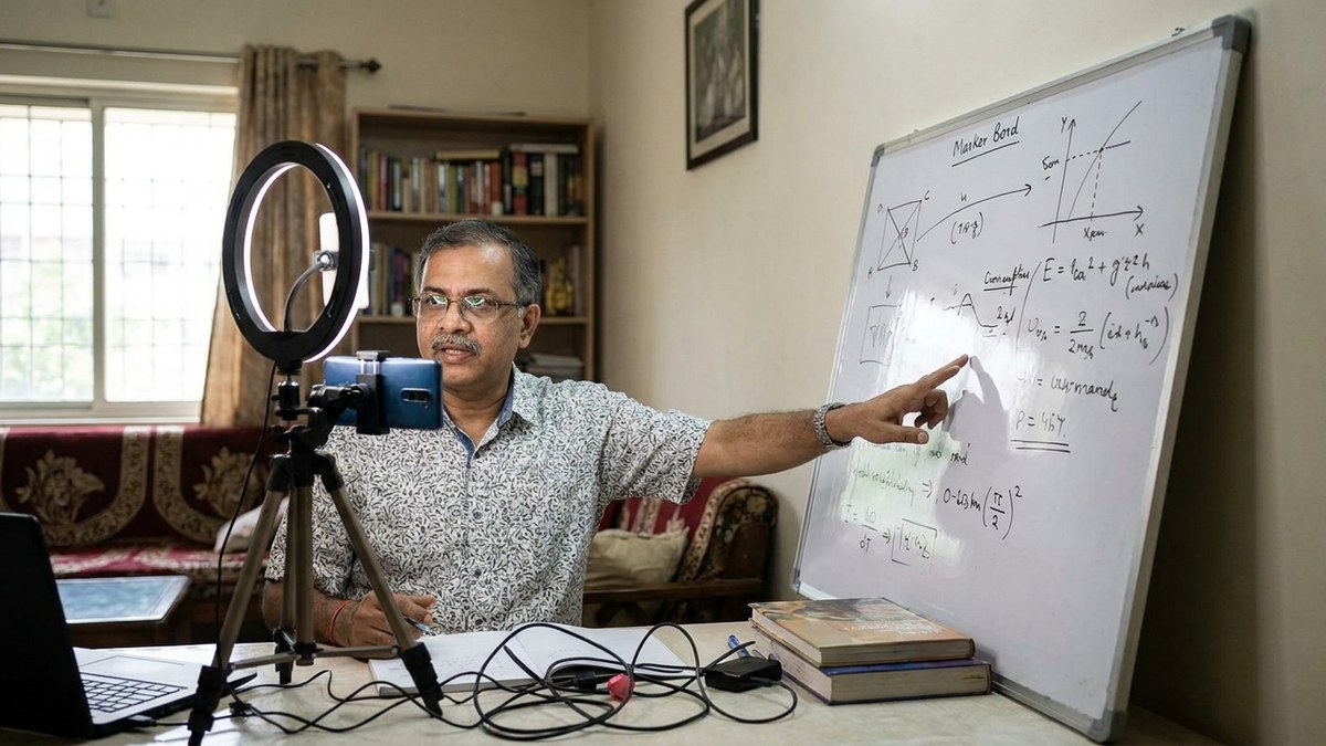 Indian educator recording teaching video with smartphone and whiteboard