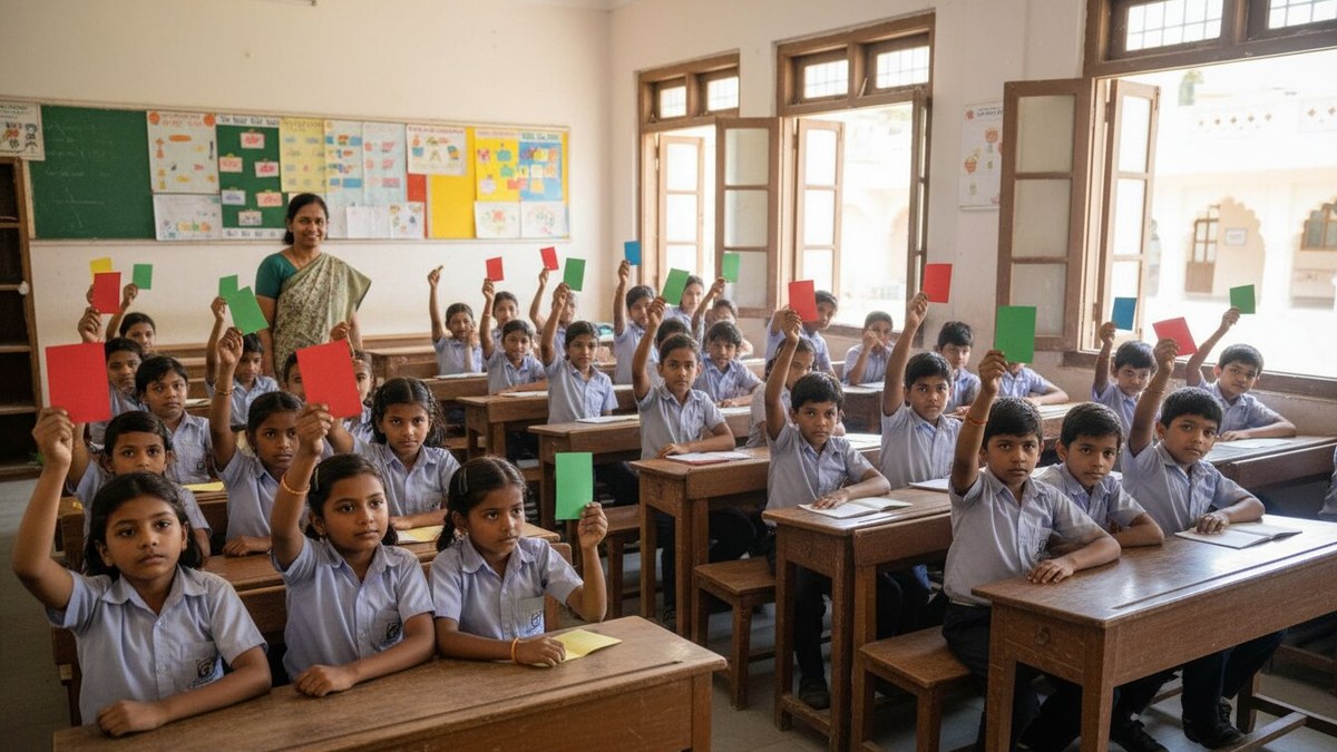 Students using colored cards for quick classroom assessment