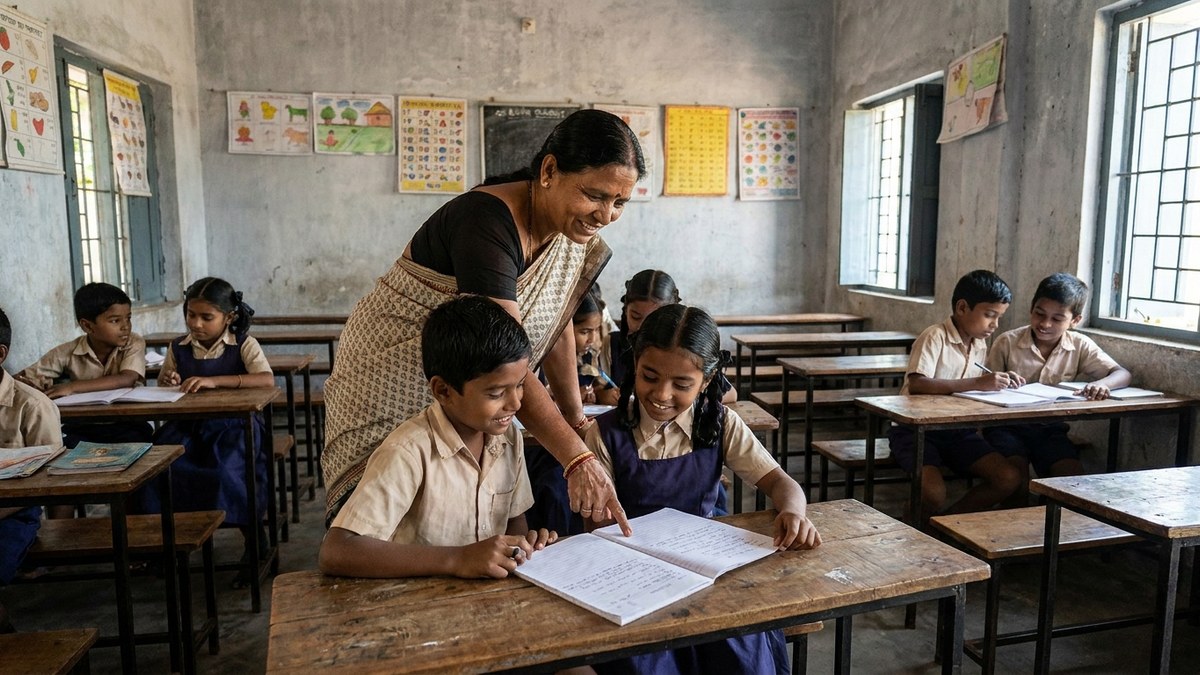 Indian teacher guiding students through a pair activity in a classroom