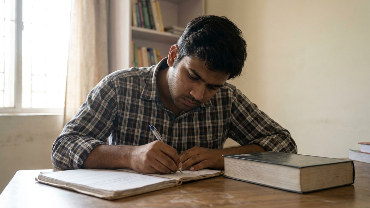 Indian student practicing active recall by writing answers from memory in a notebook