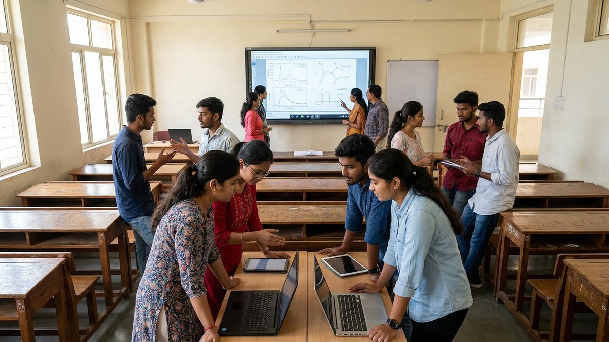 Indian students collaborating with the best AI tools for teachers on laptops and tablets in class