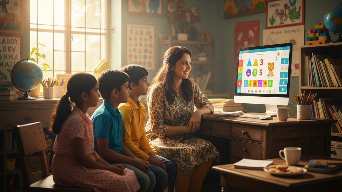Indian teacher conducting blended learning session with students using tablets and laptops in a community learning centre