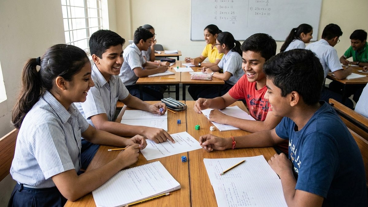 student engagement activities Indian classrooms group quiz activity with students working together on paper and dice