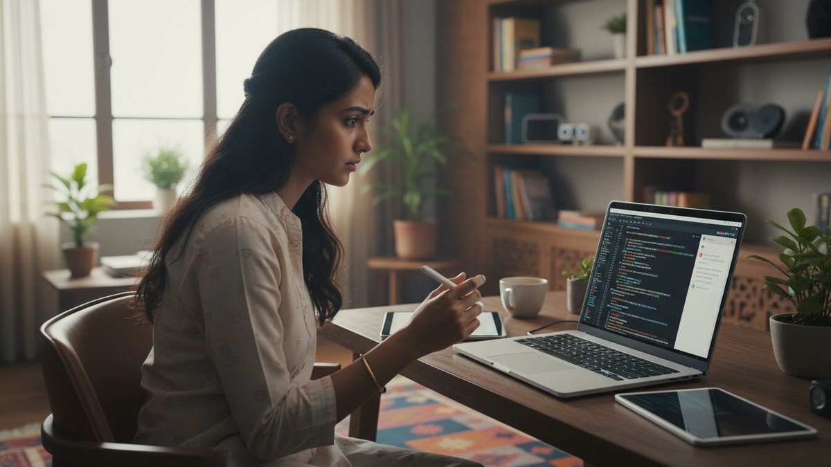 Young Indian woman using an AI coding assistant to learn to code in the age of AI on her laptop