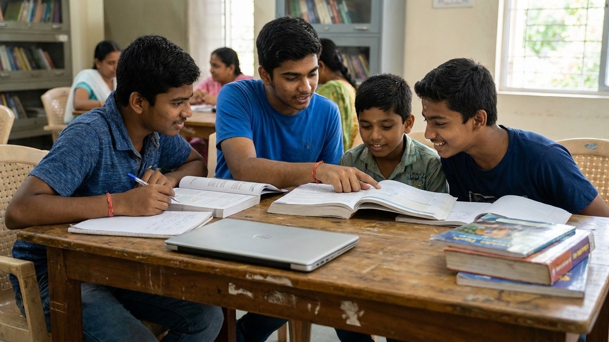 Indian students helping each other with studies at a desk