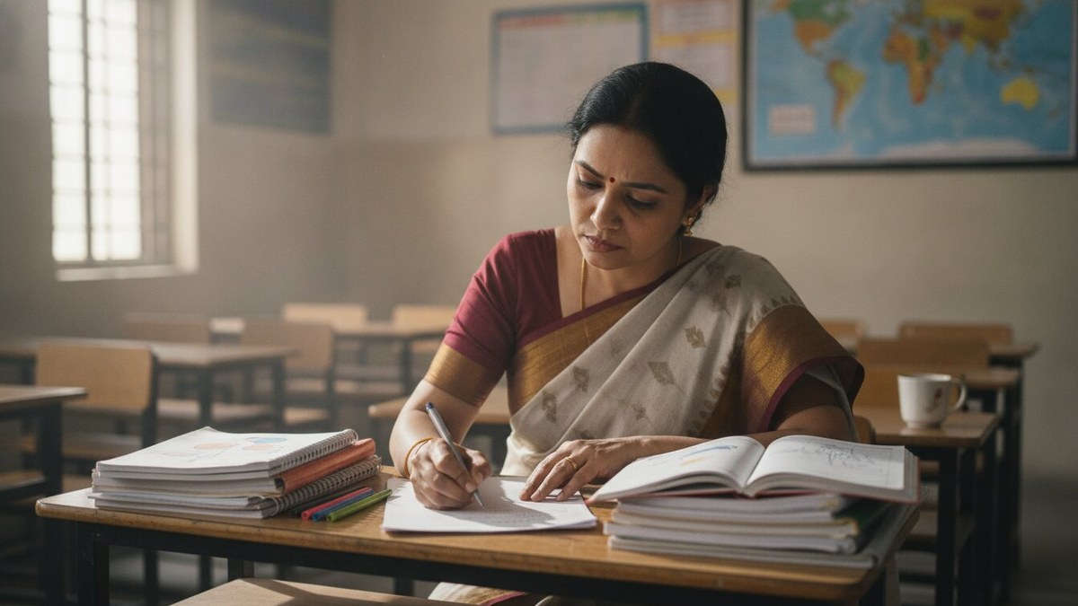 Indian teacher filling out feedback form at desk with student notebooks