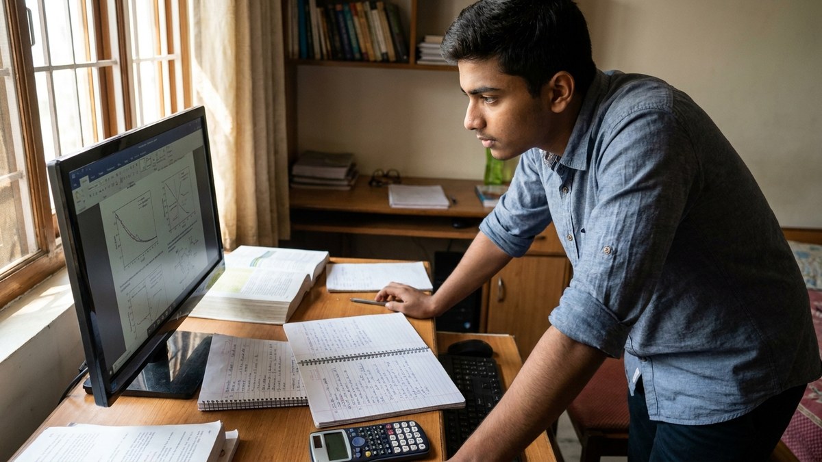 Indian student preparing for competitive exams on computer with notes and books